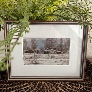 Vintage framed giclée art print of a barn in snowy winter scene